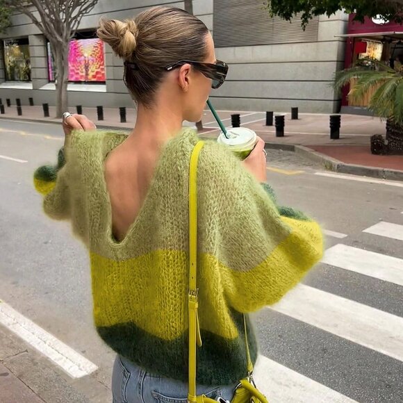 Multicolor Casual Women's striped ColorBlock knit Sweater top Green - Picture 1 of 9